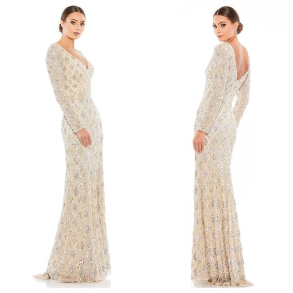 Mac Duggal Sequin Plunge V-Neck Long Sleeve Sheath Gown Size 14 NWT